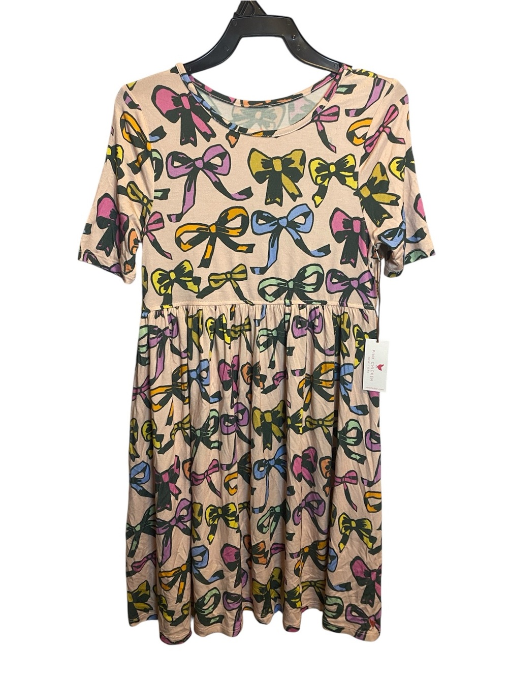 Pink Chicken Girls Bamboo Steph Dress NWT Girls 8 Pink Bows Short Sleeve Stretch